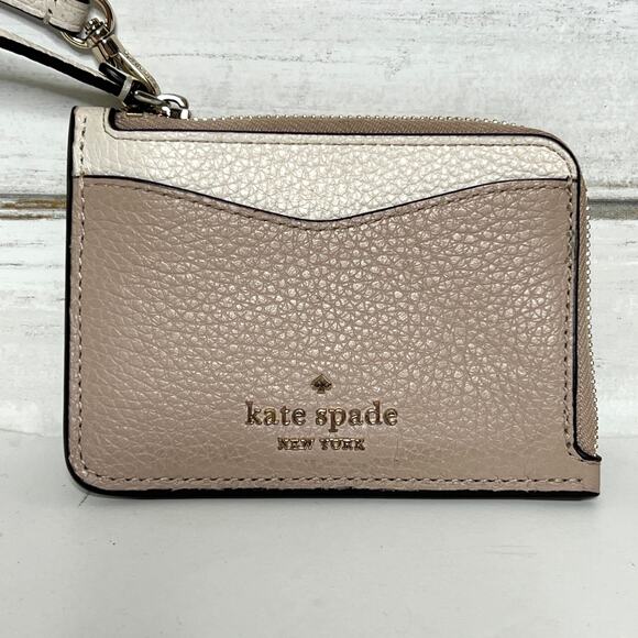 Kate Spade Pebbled Leather Card Case Wallet Zip Coin Cardholder Beige Taupe - Picture 1 of 11